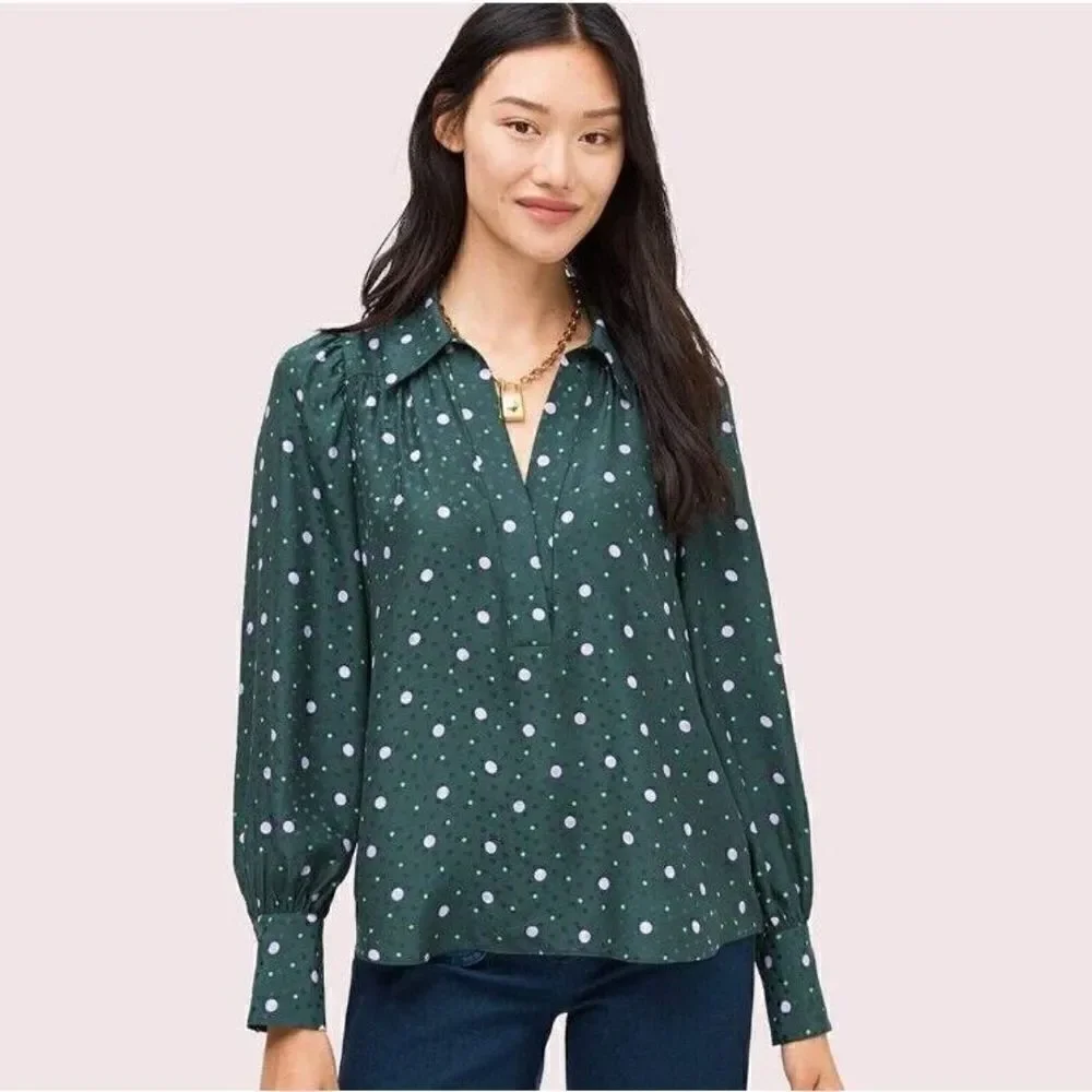 Kate Spade Pine Forest Green Pop Dots Blouse Size XS Silk Blend